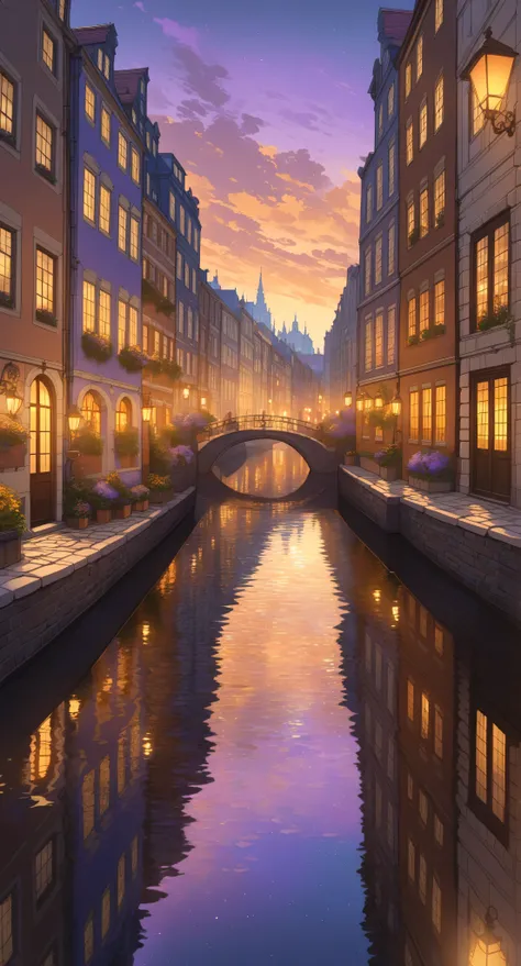 an old european city with cobblestone streets and historic architecture reflected on a canal at twilight. the buildings are lit ...