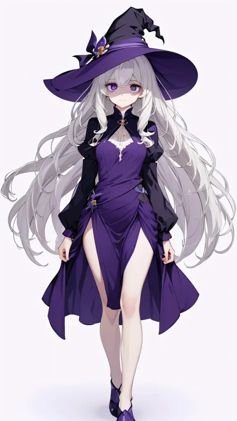 masterpiece,  best quality,(( standing picture of one adult woman standing straight)), with wavy white hair up to the waist , ( white skin), purple eyes,Thin eyebrows,((Dark purple dress with open thighs )),((Mid-length bangs )),Eyes that lack sleep,Respec...