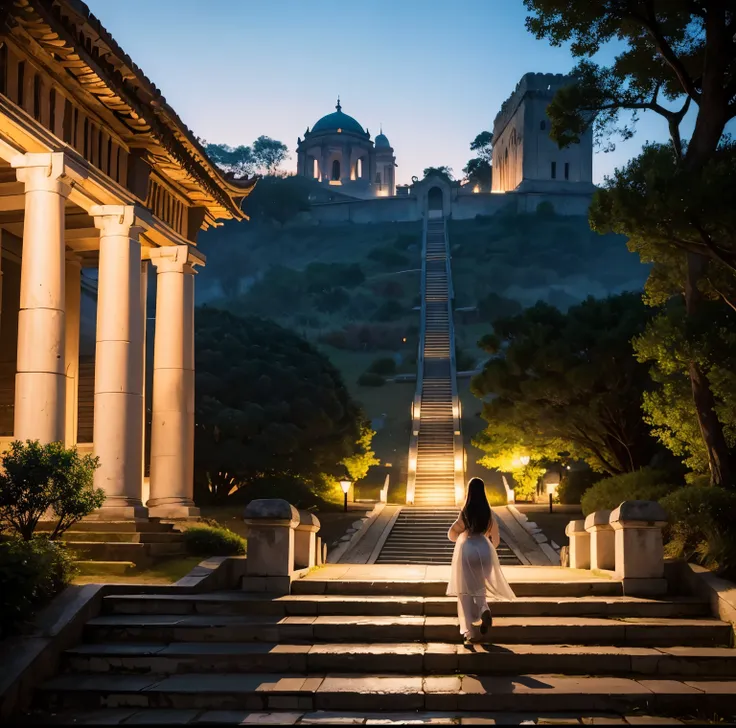 8K quality, Masterpiece,  bright artistic dusk lighting,  super real ,  high chroma, Ancient fortified city landscape pictures,  forest, High ground, (Back view on stairs :1.3), (Ass:1.2), White clothes