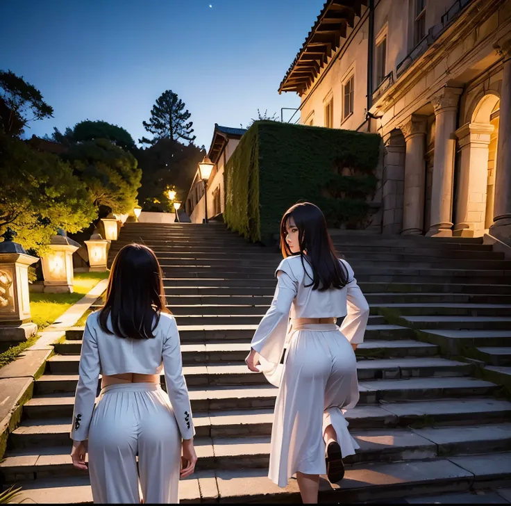 8K quality, Masterpiece,  bright artistic dusk lighting,  super real ,  high chroma, Ancient fortified city landscape pictures,  forest, High ground, (Back view on stairs :1.3), (Ass:1.2), White clothes