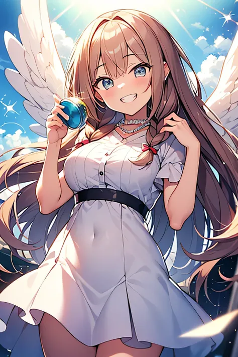 Anime style, woman, holding pearl shell in hand, silk dress, Sparkling 1 girl, Long Hair,  open your mouth, smile, frame, h background sky 、 how angel wings flutter around lens flare,  Godley,  odd-eye,  big sparkling eyes , masterpiece,  high definition ,...