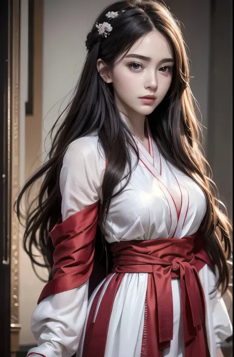 Best quality, masterpiece, ultra high res, (photorealistic:1.4), raw photo, (perfect body shape), 1girl, detailed face, white wavy hair, waist up, solo, traditional hanfu dress, dress modestly