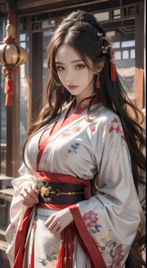Photorealistic, High resolution, 1 woman, hips up high, Beautiful eyes, Long hair, Ringed Eyes, Jewelry, The tattoo, Hanfu, chinese fairy, Taoist uniform、kimono