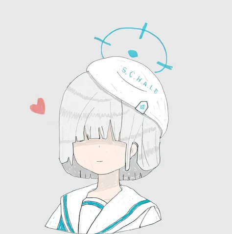  blue archive painting,  white hair,  white, fair skin .c.H.a.l. wearing a belle hat with an S . Blue halo ,  fair skin , A gentle smile,  Japanese white girl with blue stripes {x} long bangs to cover her eyes and shadows cast on her face due to those bang...