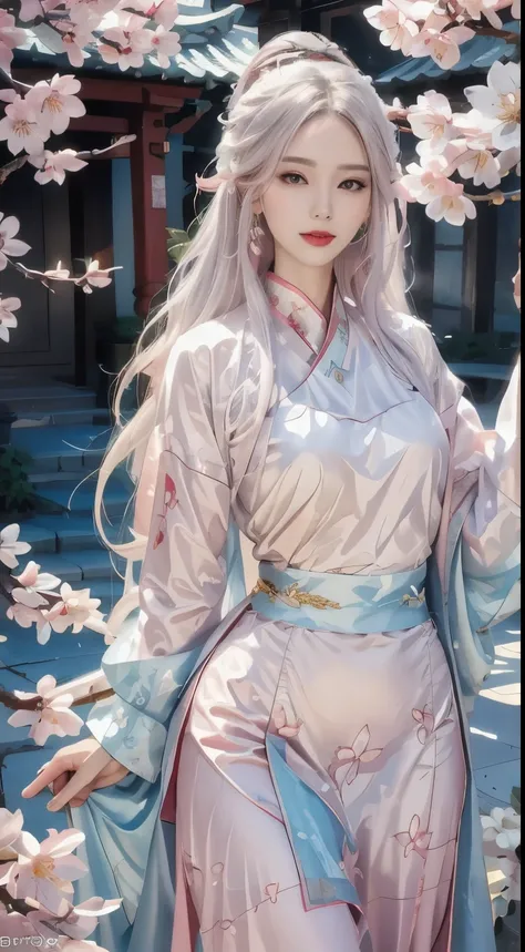 photorealistic, high resolution, 1women, shining skin, solo, jewelry, pink lips, long white hair, blue eyes, closed mouth, hips up, hanfu, cherry blossoms