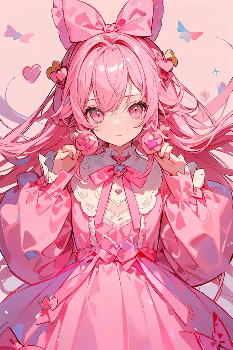 One girl、A pink-haired、long、​masterpiece、top-quality、Top image quality、cute little、Pink dress、bow ribbon、Ribbon Dresses、Ribbon on the head、cute background、Ribbon background、Pink eyes
