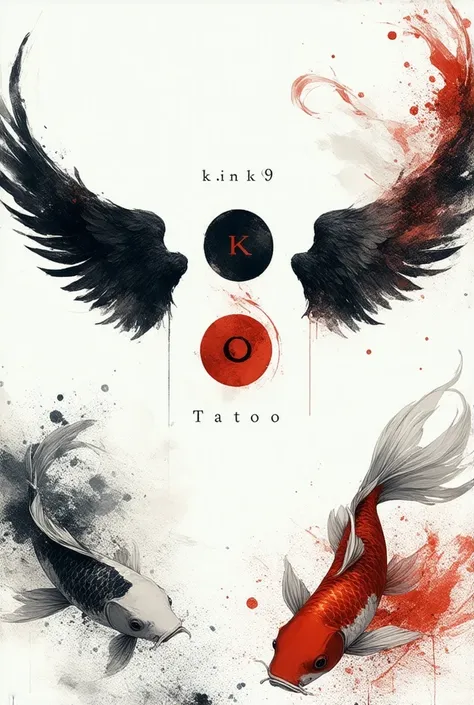  A logo for a tattoo artist ,  The typography must be original that says k .ink09 Tattoo ,  It must have an angelic wing and a demonic wing ,  The Eyes and Mouth Of Evil ,  and two koi fish symbolizing yin and yang ,  the color palette must be black , whit...