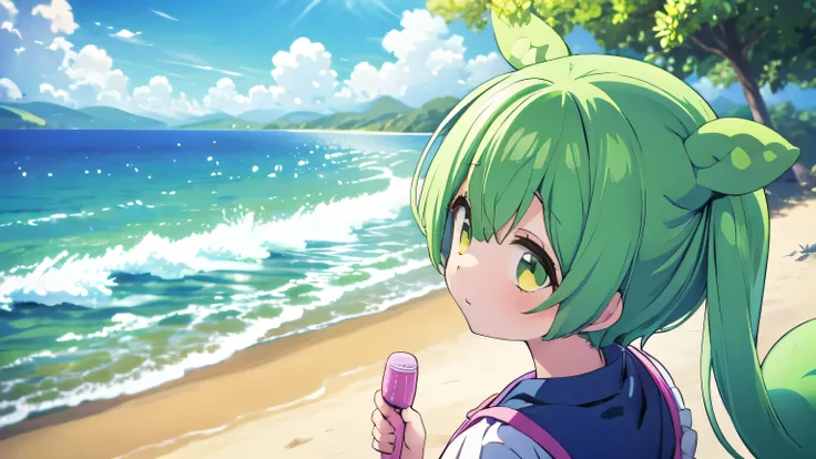 green hair,1girl,zundamon,summer,beach