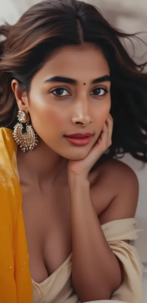 1 indian woman naked laying on bed with extremely detailed skin texture and brown skin tone, beautiful detailed eyes, beautiful detailed lips, extremely detailed skin texture, laying on bed, covering her breast, high quality, photorealistic, 8k, hyper deta...