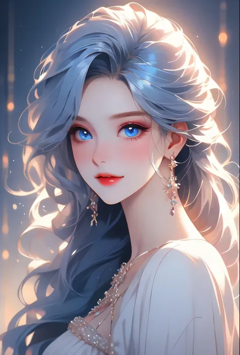 Beautiful young girl with long hair, beautiful blue eyes, shiny makeup, , sexy, ((detailed beautiful eyes)), illuminated, shiny body, best quality, super detailed, 8k, high resolution, high quality CG, smiling slightly and brushing her hair back