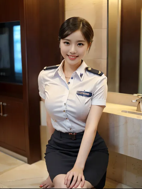 ( a gorgeous lady , 21 years old,  wearing an air stewardess ,  shenzhen airline stewardess , wet white shirt ,  wet red mini sk...