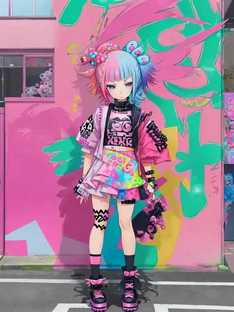 Anime girl in pink clothes standing on a city street、One girl, (Cowboy Shot:1.0), (Random color hair, Multicolored Hair:1.2) (Harajuku decora punk fashion:1.5), (A girl wearing layers of colorful clothes:1.3), (multiple hair clips), Knee-high socks in vari...