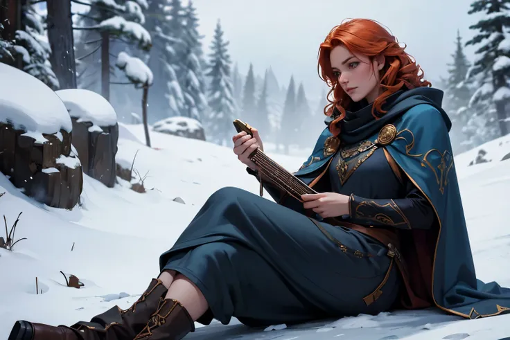 A full body image of beautiful woman sitting on the snowy ground, playing a lyre. A small lyre. Curly ginger hair. Wearing a dark blue cloak DND artstyle, not realisitc, artistic、high definition detail、hyper-detailing、cinematic ligh、ultra-realistic realism...