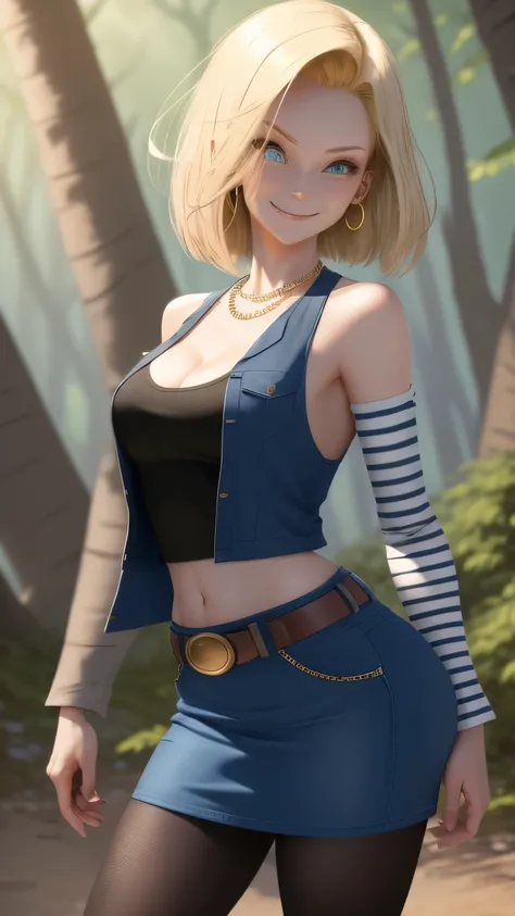 best quality, high-res, and18, 1girl, android 18, solo, blonde hair, blue eyes, belt, blue demin bodycon skirt, gold necklace, black shirt, short hair, long sleeves, striped sleeves, earrings, open vest, blue denim vest, large breasts, cowboy shot, forest,...