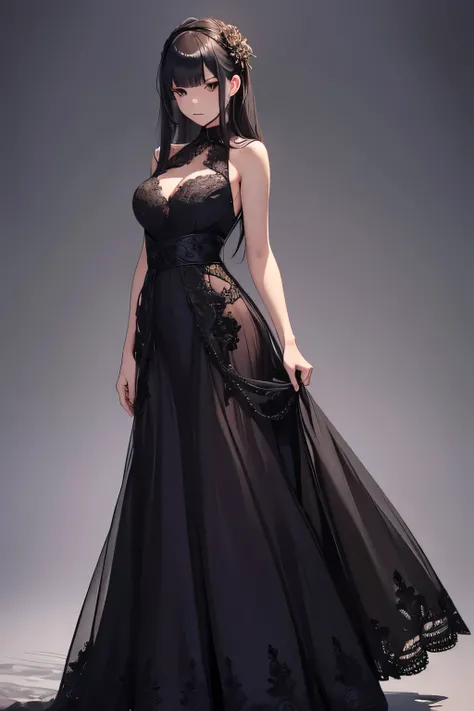 Create a full HD illustration of an elegant evening dress with lace details and dark tones.