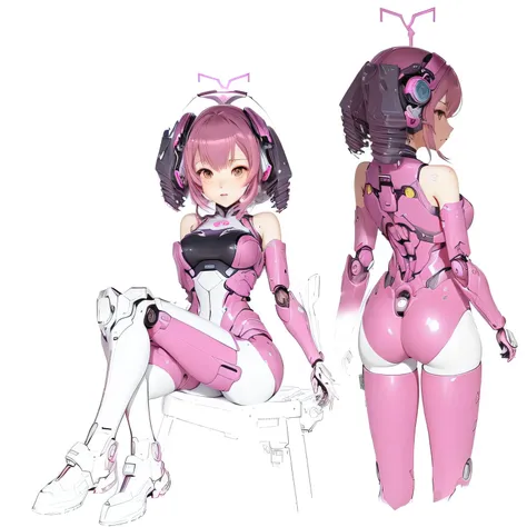 anime girl in pink latex sitting on a chair, biomechanical oppai, anime robotic mixed with organic, android heroine, ( ( charact...