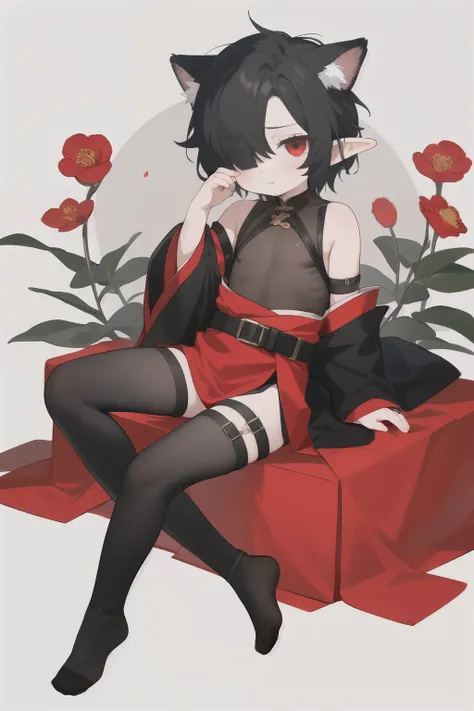 Black Hair， grey red eye ，Right eye gray ，Left eye red，boy， black tights，Red belt wrapped ，Black Silk，魔王boy， Shota，Cute and handsome， with a cold expression，Elf ears， open black plastic clothes ，Leg strap，Full body display，细节