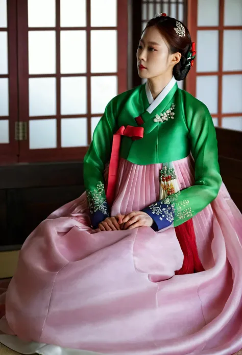 A Korean man in womens hanbok, hi is crossdresser, His face and hairstyle are very masculine, silk, Mother of the Bride hanbok Dress Outfit, breasts like a woman, green and red, slender female body, satin, full body shot, sit quietly