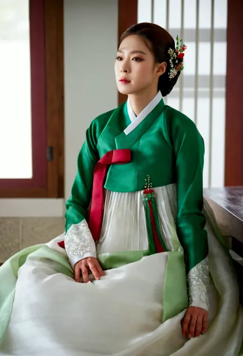 A Korean man in womens hanbok, hi is crossdresser, His face and hairstyle are very masculine, silk, Mother of the Bride hanbok Dress Outfit, breasts like a woman, green and red, slender female body, satin, full body shot, sit quietly