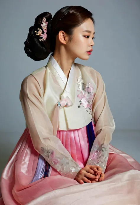 A Korean man in womens hanbok, hi is crossdresser, His face and hairstyle are very masculine, silk, Mother of the Bride hanbok Dress Outfit, breasts like a woman, white and pink, slender female body, sexy see-through jacket, satin, little side view, full b...