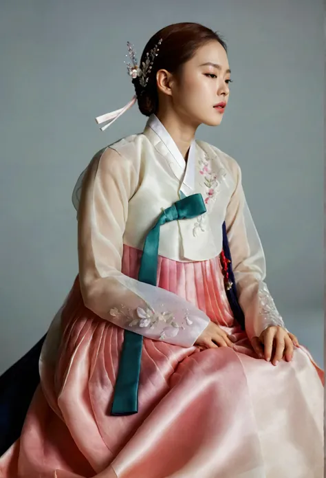 A Korean man in womens hanbok, hi is crossdresser, His face and hairstyle are very masculine, silk, Mother of the Bride hanbok Dress Outfit, breasts like a woman, white, slender female body, sexy see-through jacket, satin, little side view, full body shot,...