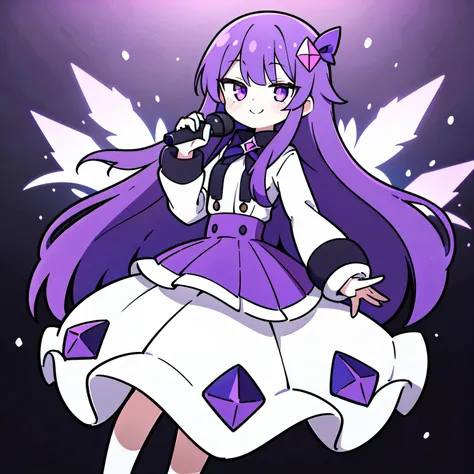 Exquisitely Crafted High-Quality Character,full body,(dark-purple hair:1.2), long hair,girl,idol,small breasts,white school uniform,microphone,singing, straight hair,dark-purple ribbon on breast,white clothes,long sleeves,long skirt,winter,snow,cool smile,...