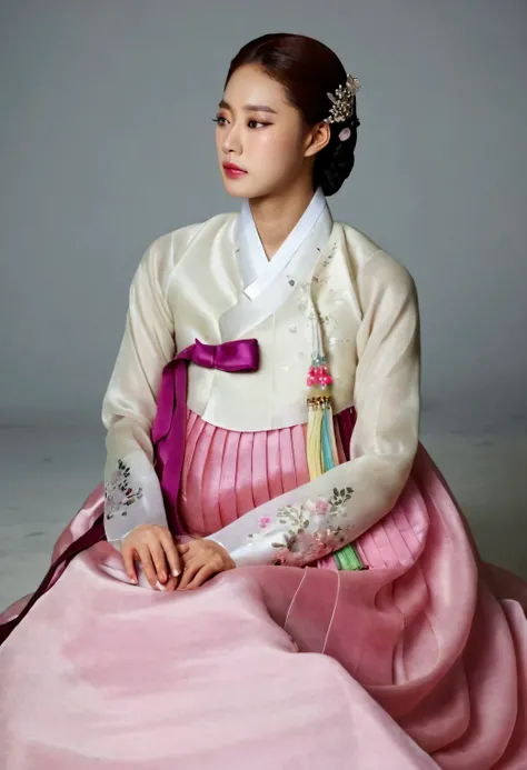 A Korean man in womens hanbok, hi is crossdresser, His face and hairstyle are very masculine, silk, Mother of the Bride hanbok Dress Outfit, breasts like a woman, white and pink, slender female body, satin, full body shot, sit quietly