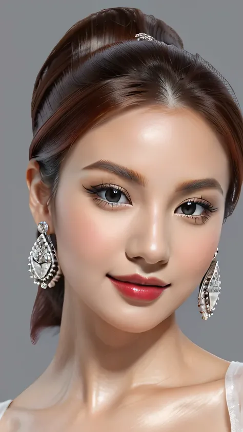 (masterpiece:1.21),(bestquality:1.21),8k,high detailed,ultra-detailed,depth of field,wide angle,1girl,beautiful face,Graceful Hands,Real Skin Texture,solo,looking at viewer,clean background trending,(portrait photo of a gray backdrop),black eyes,beautiful ...