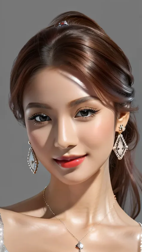 (masterpiece:1.21),(bestquality:1.21),8k,high detailed,ultra-detailed,depth of field,wide angle,1girl,beautiful face,Graceful Hands,Real Skin Texture,solo,looking at viewer,clean background trending,(portrait photo of a gray backdrop),black eyes,beautiful ...