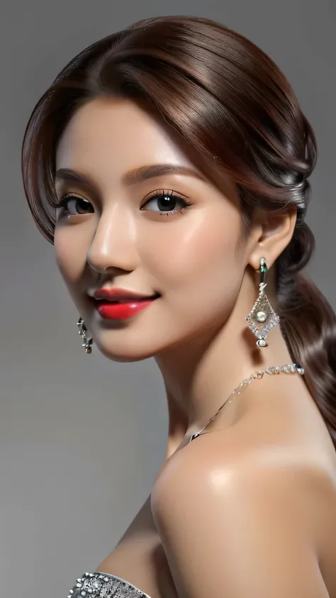 (masterpiece:1.21),(bestquality:1.21),8k,high detailed,ultra-detailed,depth of field,wide angle,1girl,beautiful face,Graceful Hands,Real Skin Texture,solo,looking at viewer,clean background trending,(portrait photo of a gray backdrop),black eyes,beautiful ...