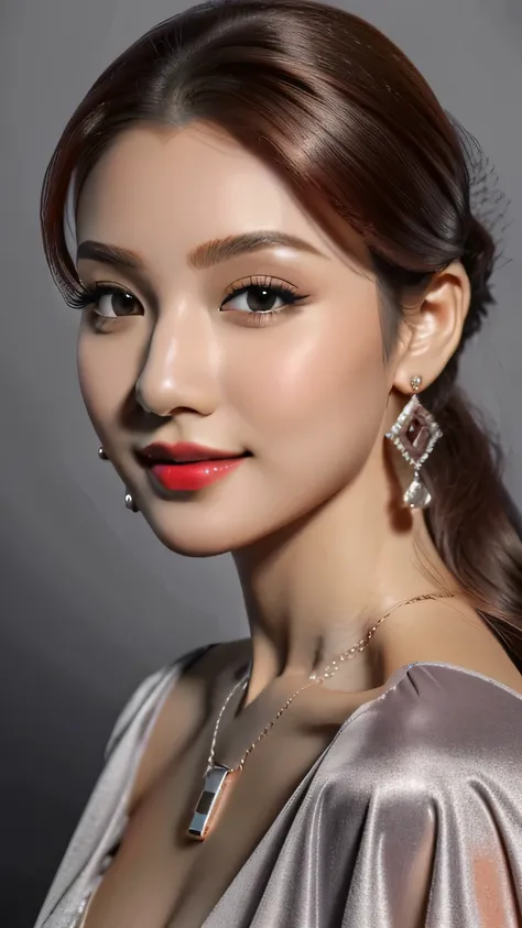 (masterpiece:1.21),(bestquality:1.21),8k,high detailed,ultra-detailed,depth of field,wide angle,1girl,beautiful face,Graceful Hands,Real Skin Texture,solo,looking at viewer,clean background trending,(portrait photo of a gray backdrop),black eyes,beautiful ...