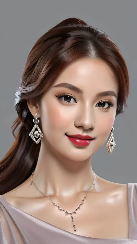 (masterpiece:1.21),(bestquality:1.21),8k,high detailed,ultra-detailed,depth of field,wide angle,1girl,beautiful face,Graceful Hands,Real Skin Texture,solo,looking at viewer,clean background trending,(portrait photo of a gray backdrop),black eyes,beautiful ...