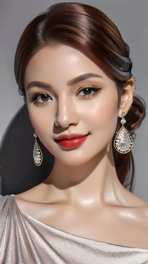 (masterpiece:1.21),(bestquality:1.21),8k,high detailed,ultra-detailed,depth of field,wide angle,1girl,beautiful face,Graceful Hands,Real Skin Texture,solo,looking at viewer,clean background trending,(portrait photo of a gray backdrop),black eyes,beautiful ...