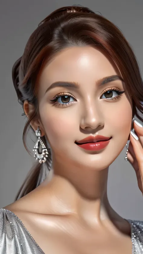 (masterpiece:1.21),(bestquality:1.21),8k,high detailed,ultra-detailed,depth of field,wide angle,1girl,beautiful face,Graceful Hands,Real Skin Texture,solo,looking at viewer,clean background trending,(portrait photo of a gray backdrop),black eyes,beautiful ...