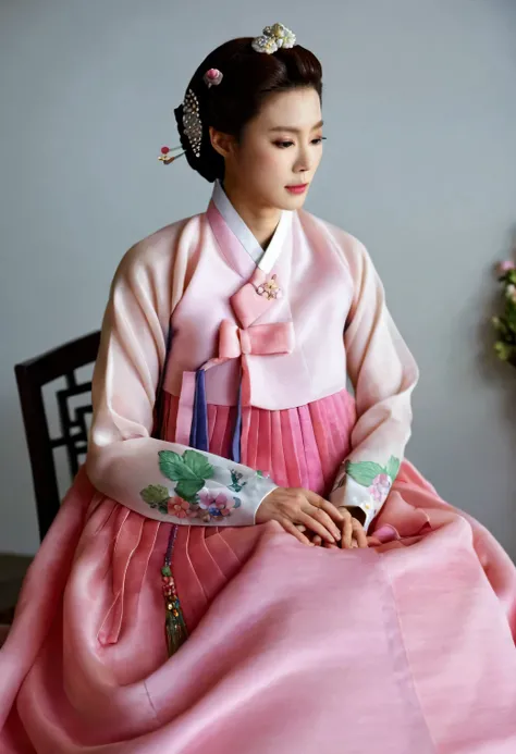 A Korean man in womens hanbok, hi is crossdresser, His face and hairstyle are very masculine, silk, Mother of the Bride hanbok Dress Outfit, breasts like a woman, white and pink, slender female body, satin, full body shot, sit quietly