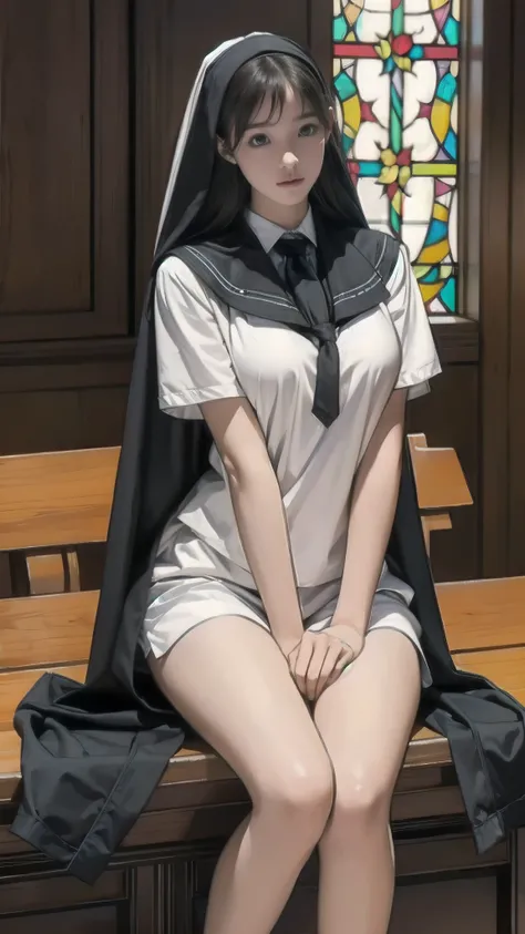  middle school girl:1.5, Saggy Breasts:1.5,  Big Breasts ,  very thin thighs:1.5, ( very delicate and beautiful face and eyes, Awesome cute girl ), (  full body shot ), mission, Nuns, church