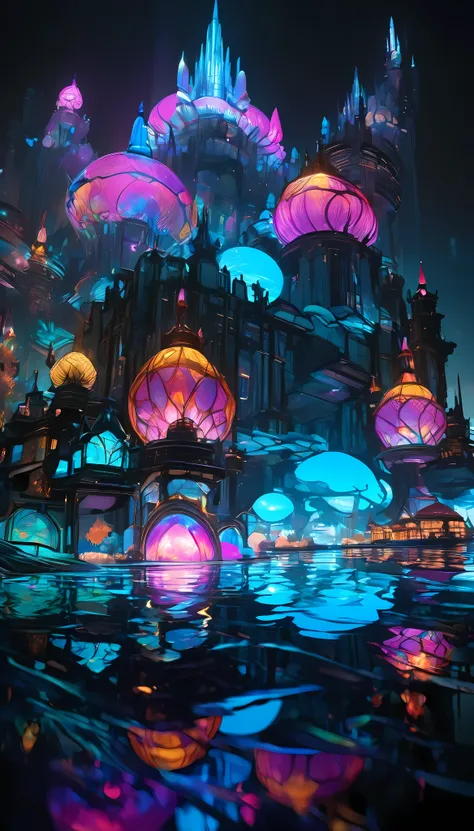 i'm looking at the surface of a crystal clear lake ,  first-person view,  the underwater city is reflected on the surface of the...