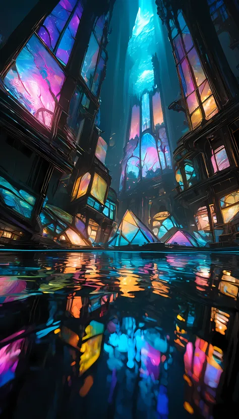 i'm looking at the surface of a crystal clear lake ,  first-person view,  the underwater city is reflected on the surface of the...