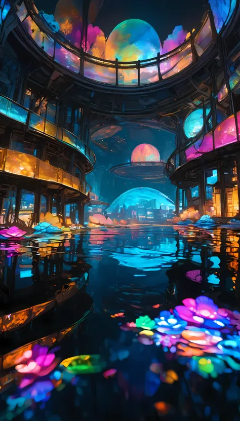 i'm looking at the surface of a crystal clear lake ,  first-person view,  the underwater city is reflected on the surface of the...