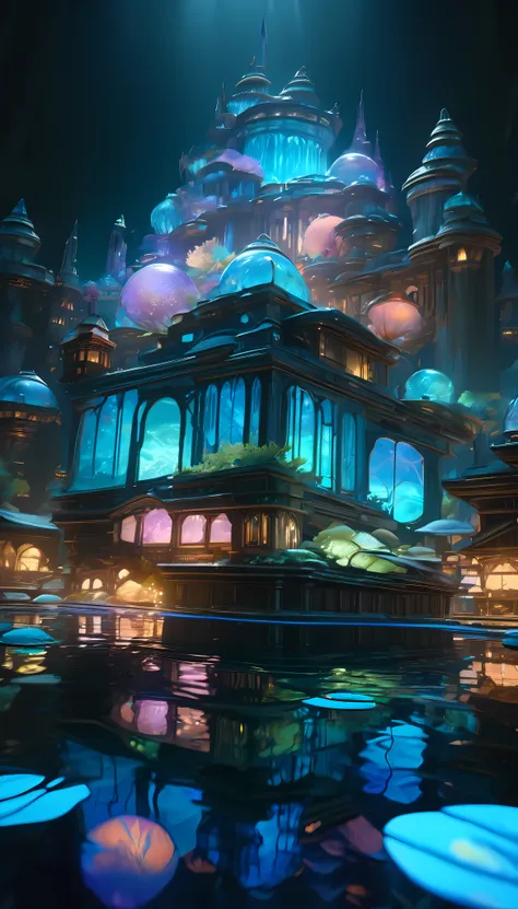 a tranquil underwater city, sunken beneath the surface of a pristine, crystal-clear lake, its luminous, otherworldly architectur...