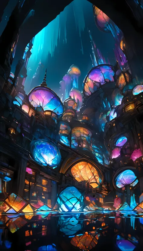 i'm looking at the surface of a crystal clear lake ,  first-person view,  the underwater city is reflected on the surface of the...