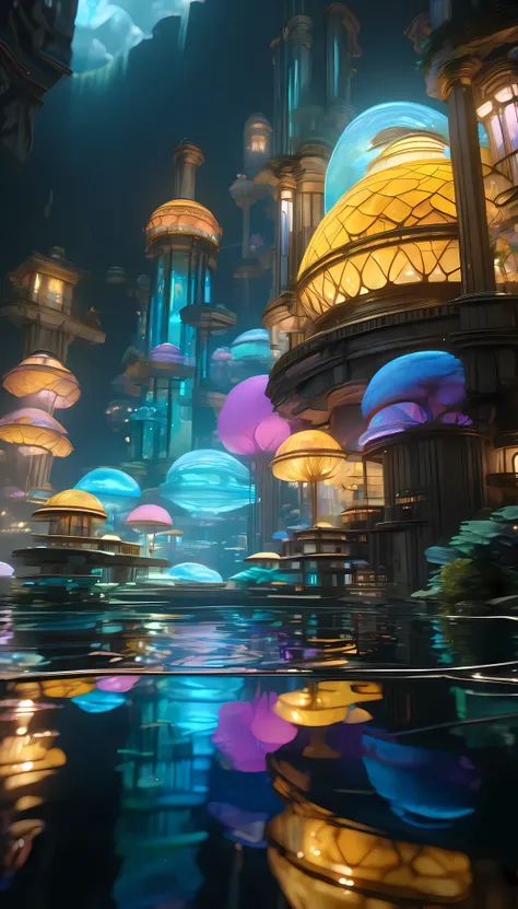 a serene underwater city reflected on the transparent surface of a still lake, the tranquil waters accentuating the otherworldly...