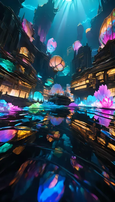 i'm looking at the surface of a crystal clear lake ,  first-person view,  the underwater city is reflected on the surface of the...