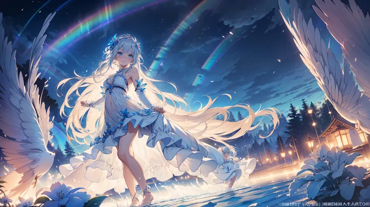   a girl  , The most beautiful woman in the world, Side seated  , White hair, Long brimmed  , White hair,   blue eyes  , ((( Barefoot in the water  ,   Wearing a Lightweight White Dress  ，  The dress has a fluttering streamer  ,   She touches the fairy  ) ...