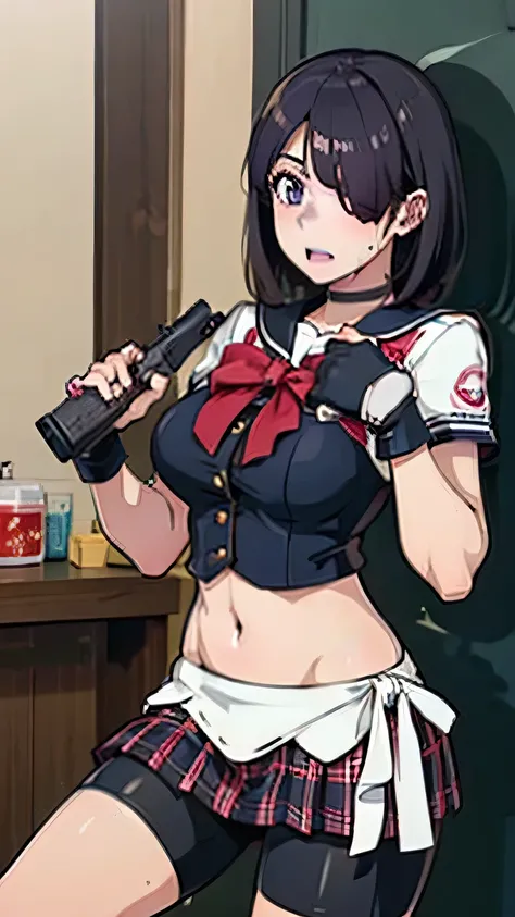 dark blue hair,short hair,hair over one eye,purple eyes,large breasts, school uniform,plaid skirt,bike shorts,loose socks,loafers,choker,fingerless gloves,Automatic rifle,clothed,wet, embarrassed,aroused,ahegao,ruins,girl trembling with sexual climax,