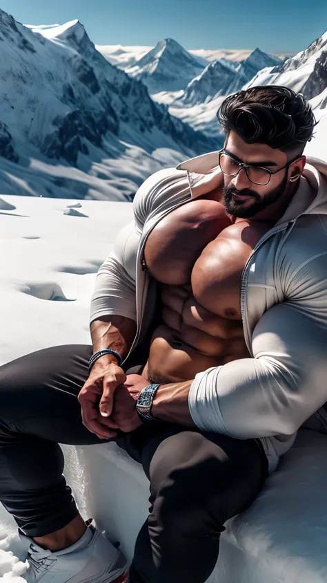 From above view, Big huge tall muscular legs, Morning time background snow mountain with wind blowing huge snow flakes falling and stuck in hair, take off his uniform from body Little opened mouth during screaming xxl Handsome indian wetty Officer Arjun Kh...