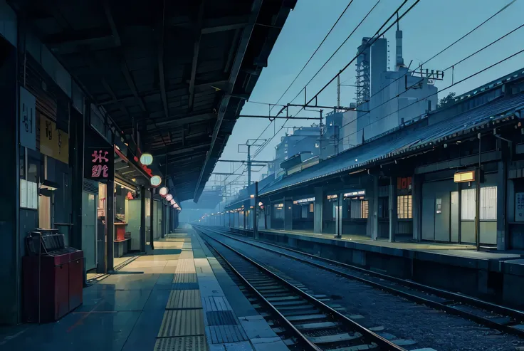 background japan train station, 90s anime drawing , without people,  dark atmosphere