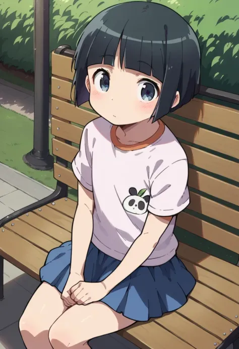 solo, anime, Tamaki Gokou,  sitting on bench outdoors in park, indigo eyes, short black hair, skirt, tshirt