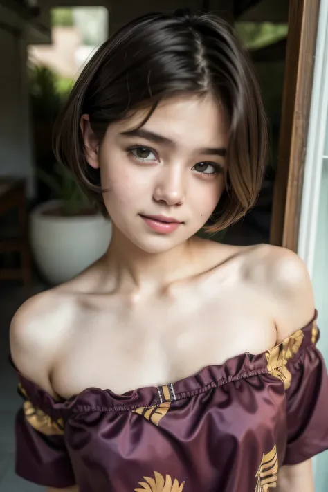 gadis kecil berambut shorthaircut bogel, half body portrait. highly detailed quality, naked flat breasts. thick (nipples thick:0...