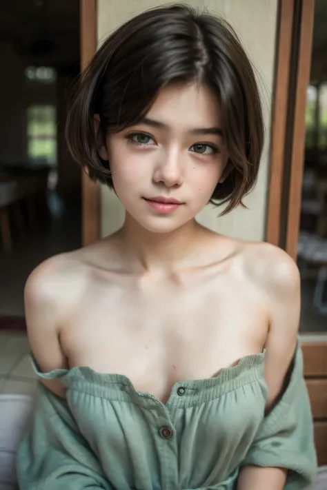 gadis kecil berambut shorthaircut bogel, half body portrait. highly detailed quality, naked flat breasts. thick (nipples thick:0...